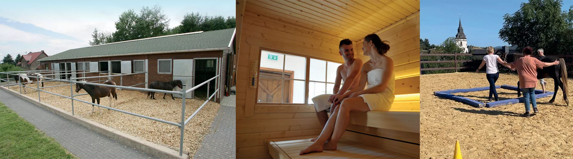 Wanderreitstation 05 Paddockboxen, Saunaraum, Bodenarbeit auf dem Reitplatz Station 05