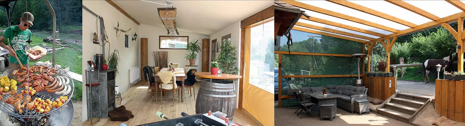 Wanderreitstation 44 Schwenkgrillo, Aufenthalltsraum, Terrasse mit PferdHaus Weiden und Pferde